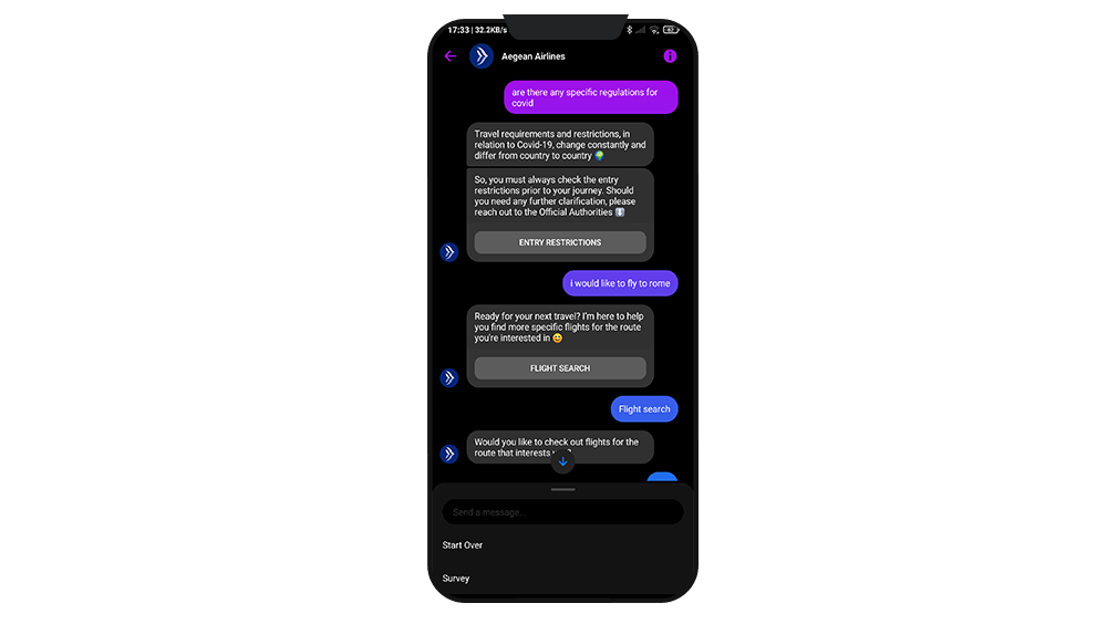 9. Aegean Chatbot Welcome Flights Info screen mobile 3
